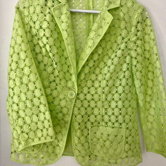 Chico's Jacket Lime Green Lace Cut Out Sheer Button Up 3/4 Sleeves - Picture 9 of 16